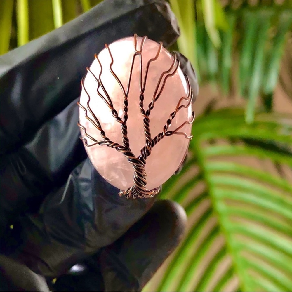 ROSE QUARTZ TREE OF LIFE ADJUSTABLE BRONZE RING CRYSTALS BOHEMIAN STATEMENT